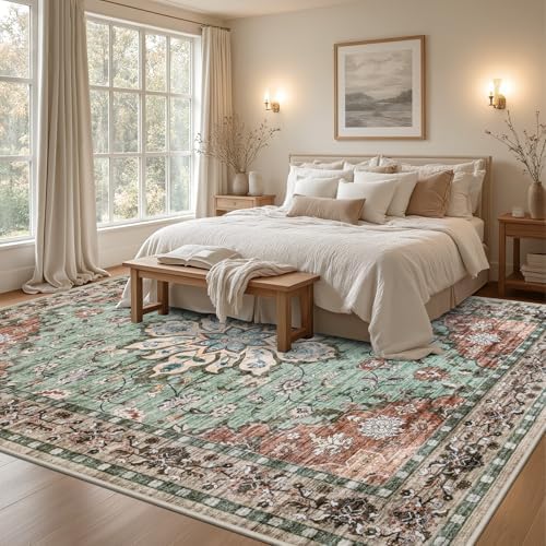 8x10 Area Rugs Living Room: Washable Rug for Bedroom Brown Green - Image 4