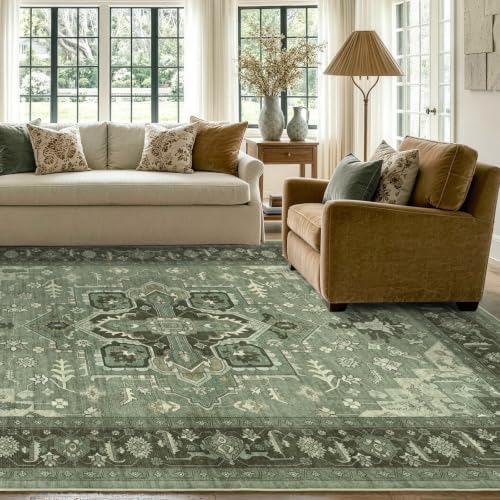 9x12 Ft Extra Large Area Rugs for Living Room, Soft Non-Slip Machine Washable Rug, Vintage Stain Resistant Carpets for Bedroom Nursery Dining Room Home Decor (Green) - Image 3
