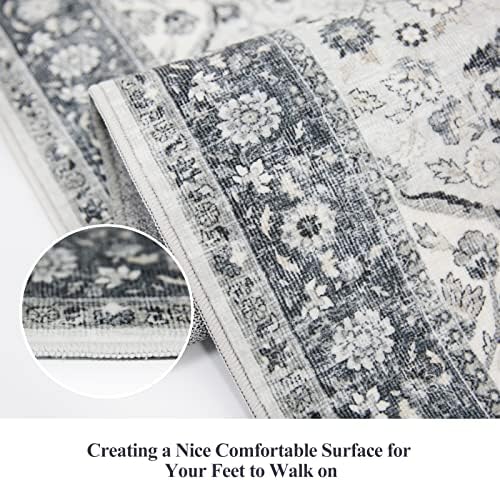 Hallway Washable Runner Rug - 2x10 Kitchen Rugs Entryway Rug Runner Vintage Soft Floor Mat Non Slip Indoor Farmhouse Carpet for Bathroom Living Room Bedroom (2 X 10, Grey) - Image 3
