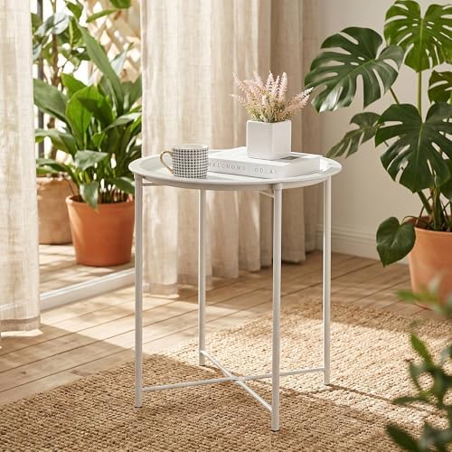 VECELO Side/End Table, Folding Round Metal Anti-Rust and Waterproof Outdoor or Indoor Tray for Living Room Bedroom Balcony and Office, 2 PCS, Beige - Image 6