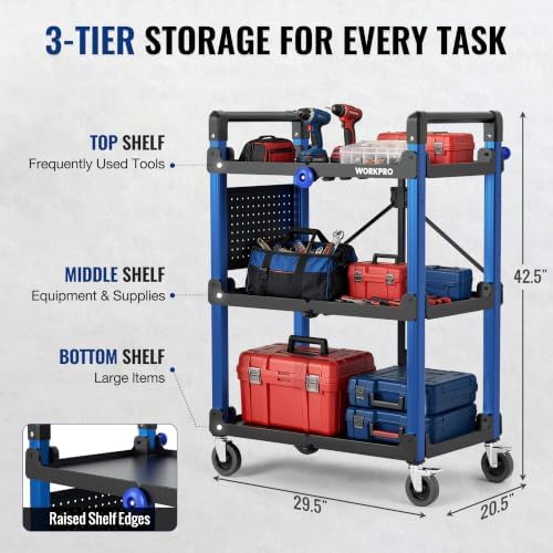 WORKPRO Heavy Duty 3-Tier Utility Cart, 450 LBS Folding Cart with Wheels - Image 4