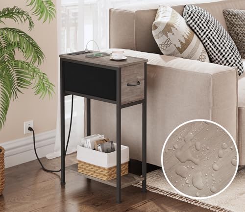 Vagusicc End Table with Charging Station, Narrow Side Table Nightstand with Fabric Drawer, Slim Nightstand for Bedroom, Small Bedside Table, Slim Sofa Side Table for Small Spaces, Greige - Image 7