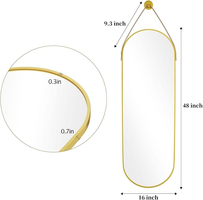 Dewfig 48"x16" Full Length Mirror, Oval Wall Mirror, Leather Strap, Gold - Image 6