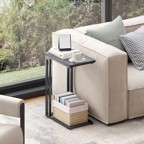 Yusong C Shaped End Table - Slide Under Sofa Couch Bed, Small Table for Small Spaces, Skinny Overbed, Coffee Drink Snack Table for Living Room, Grey Oak - Image 6