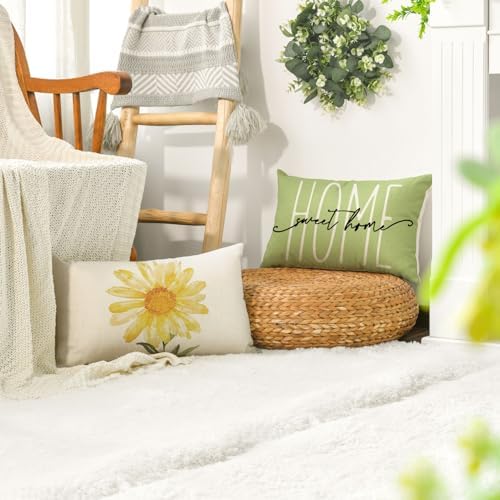AVOIN colorlife Home Sweet Home Spring Summer Flowers Green Throw Pillow Covers, 12 x 20 Inch Cushion Case for Sofa Couch Set of 4 - Image 5