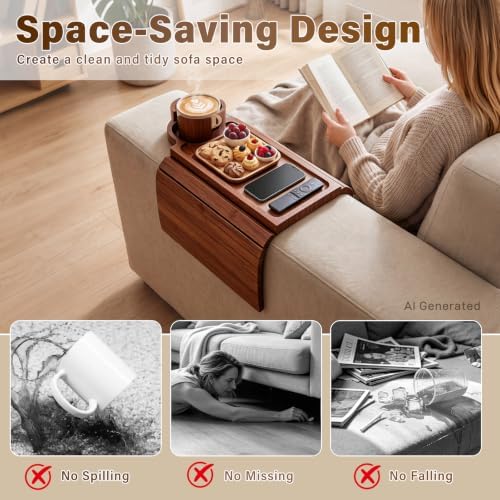 Bamboo Couch Arm Tray, 3 in1 Couch Armrest Table, Armrest Tray, Walnut - Image 7