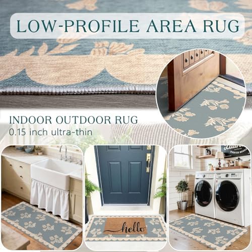 Front Door Mat Indoor Entrance - 2x4.3 Ft Floral Washable Layered Doormat Outdoor Entrance Porch Rug Non-Slip Blue Retro Farmhouse Runner Rug for Kitchen Bedroom Laundry Room Porch Decor - Image 5