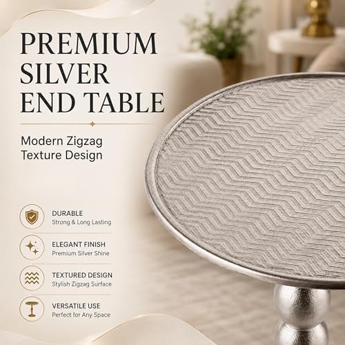 CLEENTABLE Round Metal End Table, Zigzag Design, 21" H x 15" W, Silver - Image 6