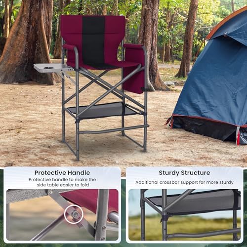 Tall Directors Chair 30" Seat Height, Bar Height Folding Chair with Side Table, Foldable Camping Chair with Side Pocket for Makeup Artist, Sports Event, Supports 400LBS - Red - Image 6