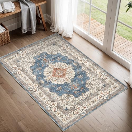 2x3 Area Rug Washable Vintage: Non Slip Door Mat for Entryway Blue/Beige - Image 2