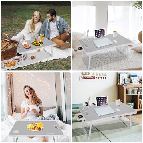 Laptop Bed Table, Laptop Desk for Bed, Foldable Laptop Bed Desk with USB Charge Port, Handle, Desktop Card Slot, Cup Slot, Side Drawer, Portable Laptop Table for Bed Eating Reading Working - Image 6