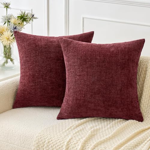 MIULEE Soft Chenille Throw Pillow Covers Burgundy 18x18 Inch Pack of 2 by MIULEE