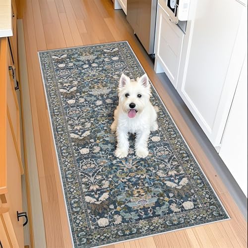 2x5 Decorative Vintage Hallway Runner: Washable Oriental Pet-Friendly Soft Carpet for Bathroom Bedroom Non-Slip Laudry Floor Mat - Low Pile Non-Shedding Rug for Apartments & Homes(2x5,Floral/Blue) by HYHAOYUNLAI