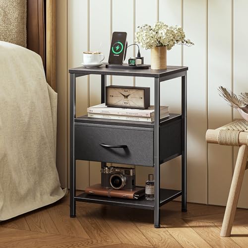 SUPERJARE Nightstand with Charging Station, Bed Side Table with Adjustable Fabric Drawer, Night Stand for Bedroom, 3-Tier Storage End Table, for Living Room, Black - Image 2
