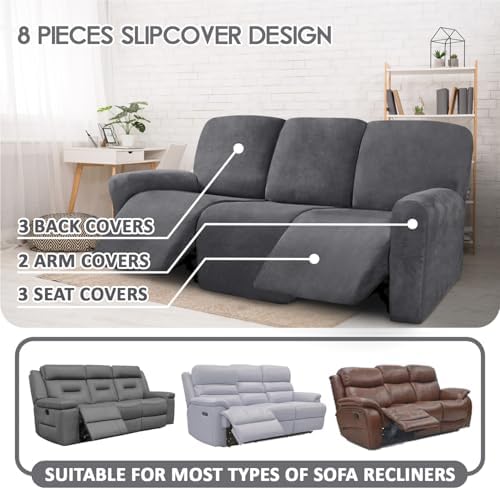 ULTICOR Velvet 8-Pieces Recliner Sofa Covers Stretch Reclining Couch Covers for 3 Cushion Reclining Sofa Slipcovers Furniture Covers Thick Soft Washable (3 Seater Recliner Cover, Dark Gray) - Image 2