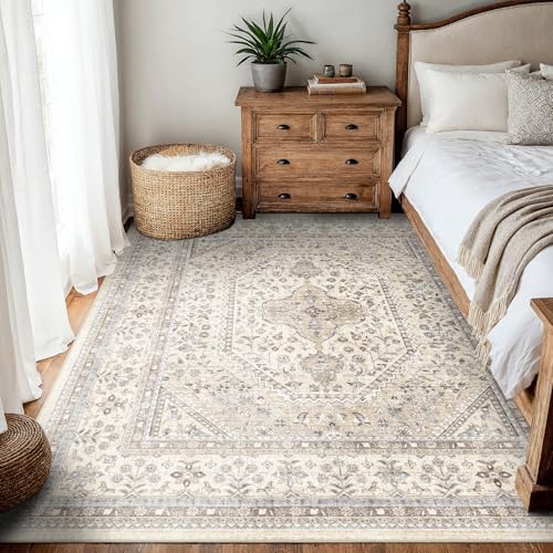 5x5 Square Washable Area Rug - Non-Slip Vintage Living Room Rugs Beige Gray - Image 3