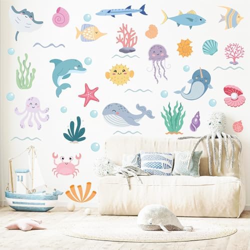 AOWDIAO 58 Pcs Ocean Animals Wall Decals - Peel and Stick Under the Sea Kids’ Room & Nursery Decor by AOWDIAO