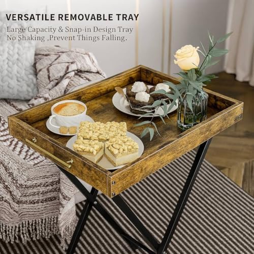 Folding TV Tray Tables, Set of 2 Side Table for Small Place, Snack Eating Tables at Couch, Folding Tables with Removable Serving Tray, Rustic Brown - Image 4