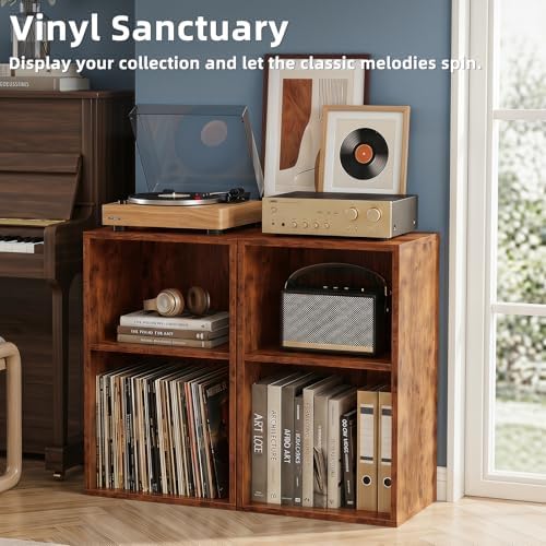 YAHARBO 2 Cube Bookshelf, Brown Record Player Stand with Vinyl Storage Up to 100 Albums, Horizontal Book Shelf, Small Cubby Bookcase with Storage Organizer, Turntable Stand for Living Room, Bedroom - Image 4