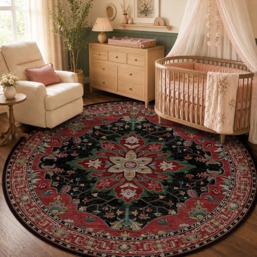 RELEANY Washable Area Rug, Round 5ft, Red/Black by RELEANY