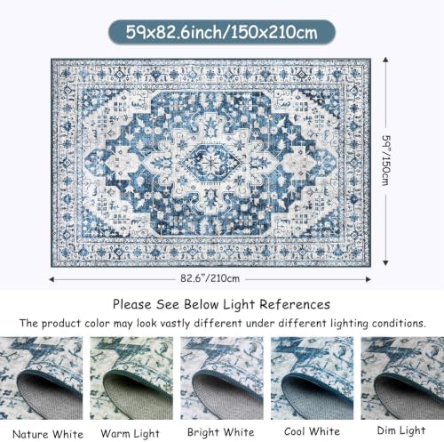 Moynesa Ultra-Thin Washable Area Rug - 5x7 Blue Rugs for Living Room Washable Rugs for Bedroom Soft Dining Room Mat, Vintage Printed Low Pile Indoor Carpet for Office Sunroom Playroom - Image 2