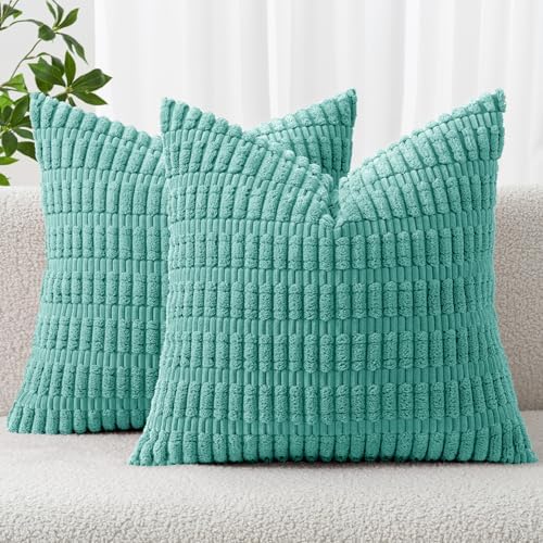 MIULEE Corduroy Decorative Throw Pillow Covers 18x18 Aqua Green Pack of 2 by MIULEE