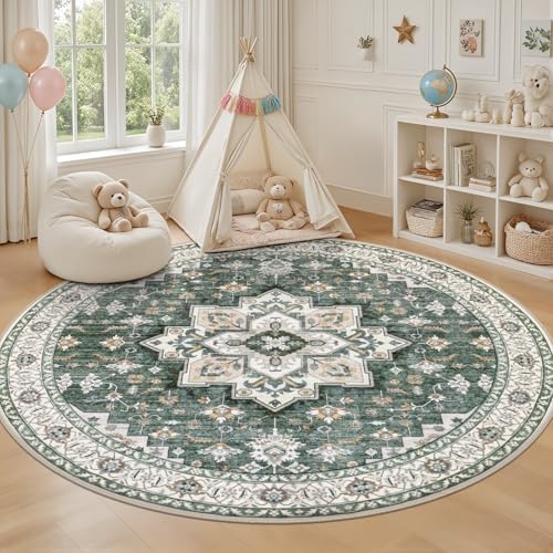 Round Area Rug for Living Room: 6ft Boho Washable Rug Green Ivory - Image 5