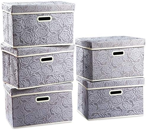 PRANDOM Foldable Storage Bins with Lids [5-Pack] Fabric Decorative Storage Box Cubes Organizer Containers Baskets with Cover Handles Divider for Bedroom Closet Living Room Grey 14.9x9.8x9.8 Inch by Prandom