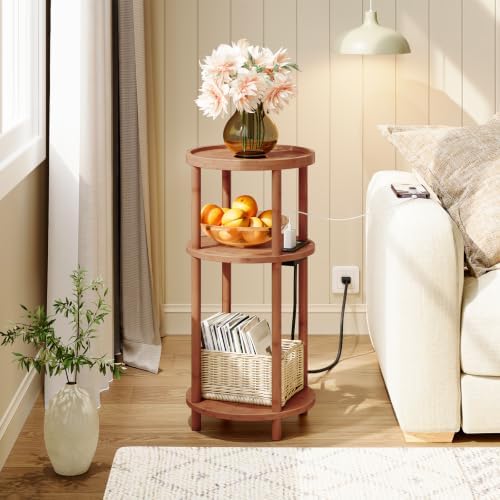 HOOBRO Small Round Side Table with Charging Station, 3-Tier Round Bamboo End Table, Compact Sofa Bedside Table for Small Space, Easy Assembly, for Living Room, Bedroom, Apartment, Walnut WL152UBZ01 - Image 2