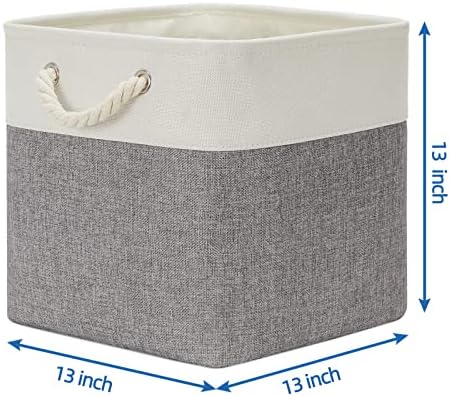 Temary Fabric Baskets 13 Inch Cube Storage Baskets with Rope Handle, Storage Cube Bins Clothes Basket for Gift, Large Storage Bins for Storage Books, Blankets (White&Gray) - Image 2