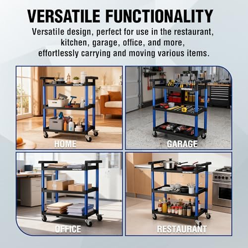 WORKPRO 3-Tier Service Utility Cart, 400LBS Plastic Rolling Cart with Handles & Lockable Wheels, Heavy Duty Storage Cart for Restaurant, Kitchen, Office, Garage, Warehouse - Image 5