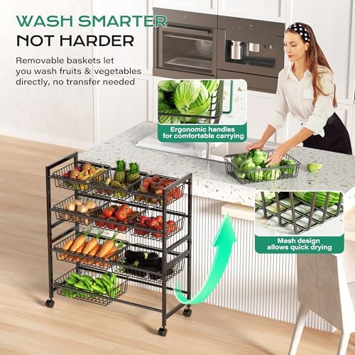 Cinati 4-Tier Snack Cart with Wheels, 29''W Toy Storage Organizer, Rolling Pantry Storage Cart with 10 Wire Baskets & Handle,Adjustable Metal Snack Rack, Kitchen Organizer for Fruit, Vegetables(Black) - Image 6