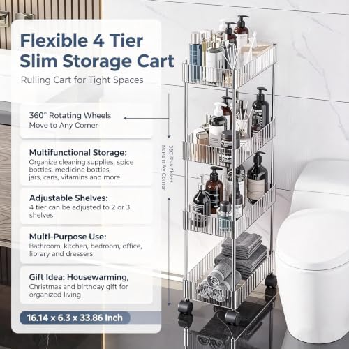 Sooyee Slim Rolling Storage Cart, 4 Tier, Clear - Image 2