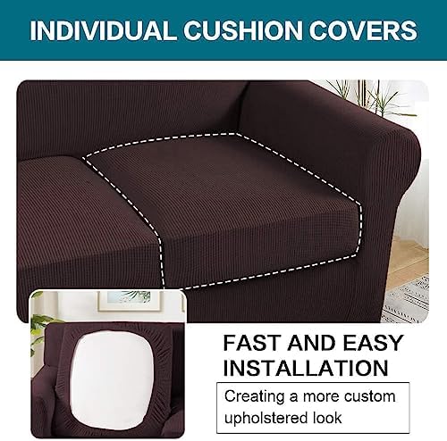 Turquoize 3 Piece Sofa Covers for 2 Cushion Couch Sofa Slipcover Soft Couch Cover for Dogs-Washable Sofa Furniture Covers with 2 Individual Cushion Covers, Thick Jacquard Fabric (Loveseat, Brown) - Image 5