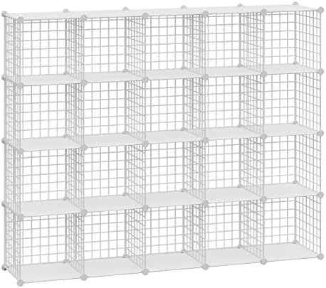 HUBSON Wire Cube Storage Organizer, Book/Toy/Craft/Potted Plants and petCloset Organizers and Storage Shelves, 20-Cube Freely Combinable Metal Grids Storage Shelf,White Plus Iron by HUBSON