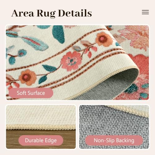 6x9 Ft Washable Area Rug for Living Room Beige Vintage Floral Carpet - Image 6