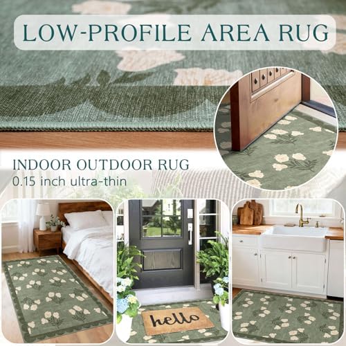 Floral Outdoor Rug - 28" x 43" Front Door Mat Indoor Outside Entrance Non-Slip Washable Outdoor Mat Sage Green Spring Scalloped Rug for Entryway Kitchen Bedroom Layered Doormat for Front Porch - Image 5