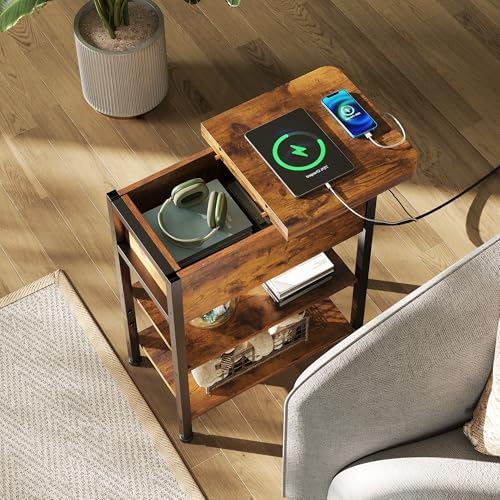 WLIVE 3-Tier End Table with Charging Station Flip Top Narrow Nightstand - Image 6