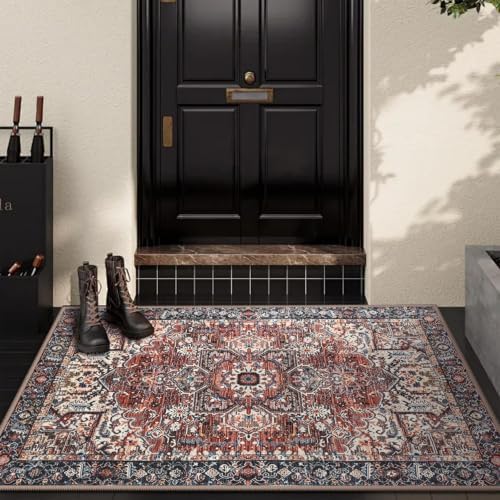 Hanples 2x3 Washable Rugs for Entryway, Vintage Floral Door Mat, Red by Hanples