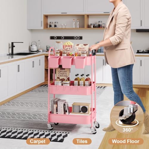 3 Tier Metal Rolling Cart with Lockable Wheels and Handle,Three Tiered Cart - Image 3