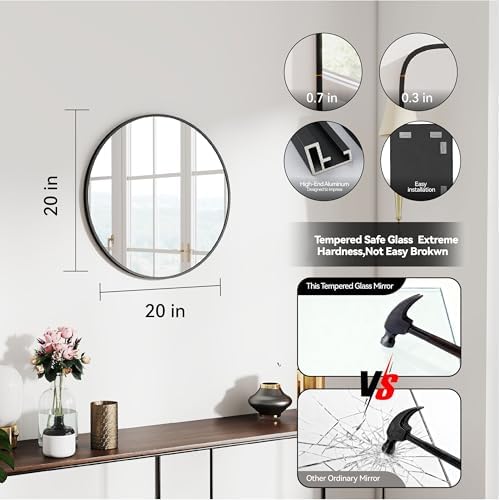 SCWF-GZ 20" Round Mirror Circle Wall Mounted Hanging or Against Wall Metal Frame Dressing Make-up Mirrors for Entryway Bedroom Bathroom Living Room 20 inch Black - Image 3