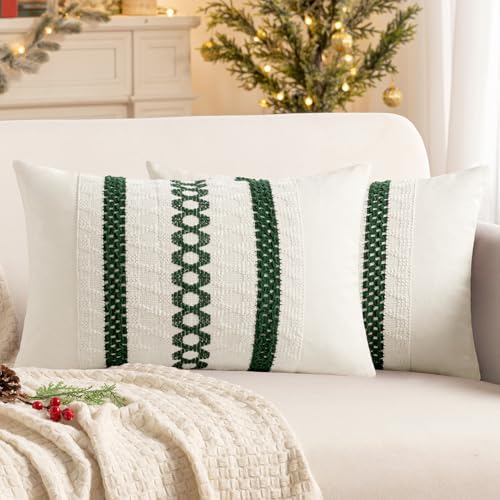 MIULEE Set of 2 Dark Green Boho Decorative Lumbar Pillow Covers 12x20 Inch by MIULEE