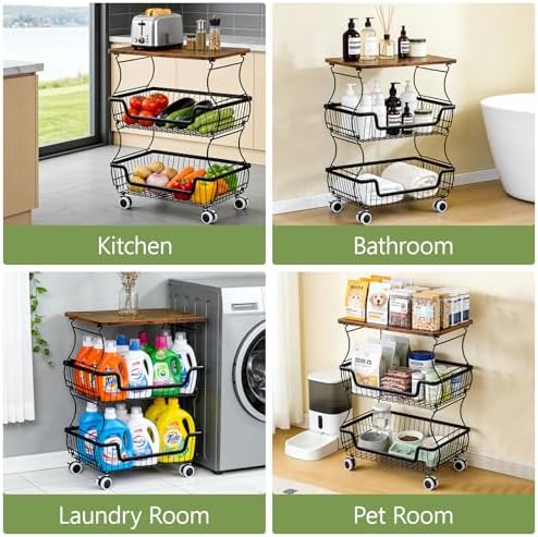 Kitchen Storage Cart on Wheels, 3 Tier Rolling Stackable Pantry Floor Organizer, Kitchen Fruit Basket Stand for Home Removable Metal Vegetable Rack Wire Snack Cart - Image 5