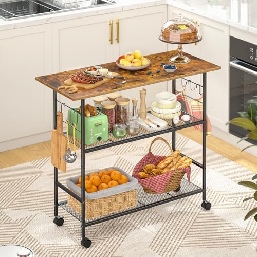 Kitchen Island with 3 Shelves, Rolling Kitchen Cart with 6 Hooks and Protective Shelf, Microwave Stand on Lockable Wheels, Bakers Rack Coffee Bar for Dining, Living Room, Outdoor, Metal Frame by ThreeHio