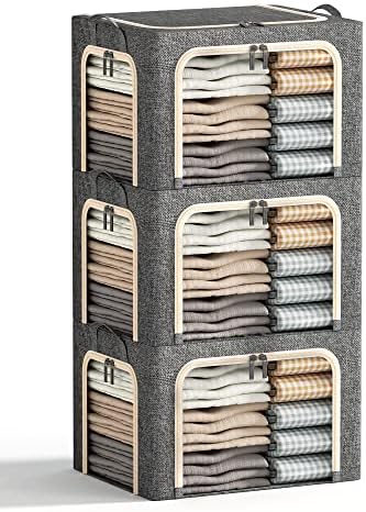 3 Openings Clothes Storage Bins with Metal Frame, Foldable Storage Bin for Clothes, Clothing Storage Bins with Lid, Linen Storage Box With Clear Window＆ Zippers＆ Durable Handles.(3 Pcs,Dark Grey,40L) by Furnhome