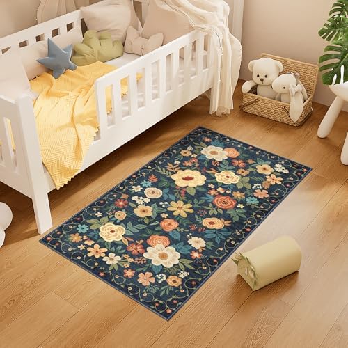 DUKINO 2x4 Entryway Rug, Floral Washable Kitchen Rugs Non Slip, Navy Blue - Image 4
