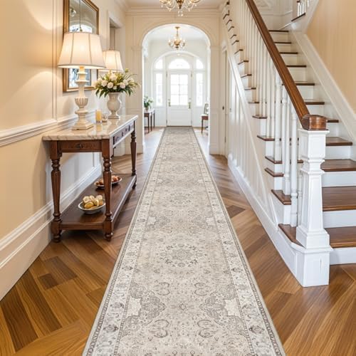 Hallway Washable Runner Rug - 3x20 Kitchen Rugs Entryway Rug Long Runner Vintage Soft Floor Mat Non Slip Indoor Farmhouse Carpet for Bathroom Living Room Bedroom (3 X 20, Beige) - Image 3