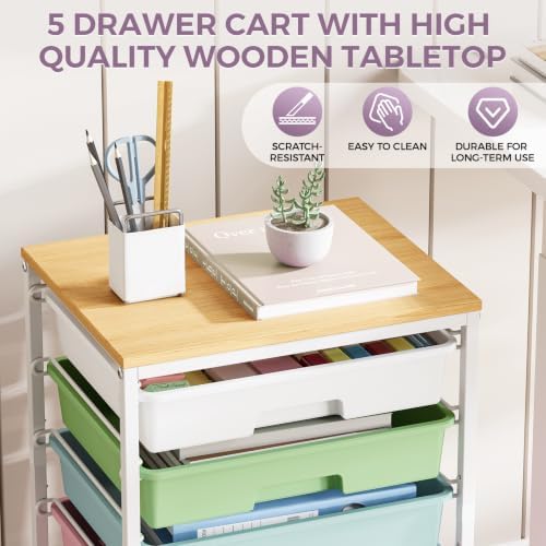 SYKIARIOL 5-Tier Rolling Cart with Drawers with Wooden Top, Ice Cream - Image 5