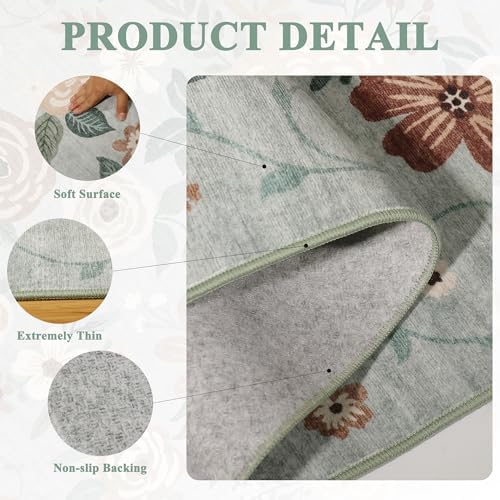 DUKINO 4x6 Area Rug, Floral Washable Office Chair Rug Non Slip, Sage Green - Image 6