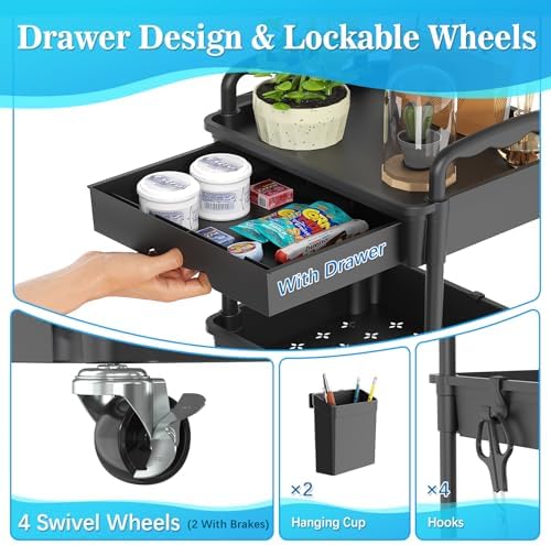 SUNALLY 4 Tier Rolling Cart with Drawer, Craft Storage Cart Organizer,Black - Image 3
